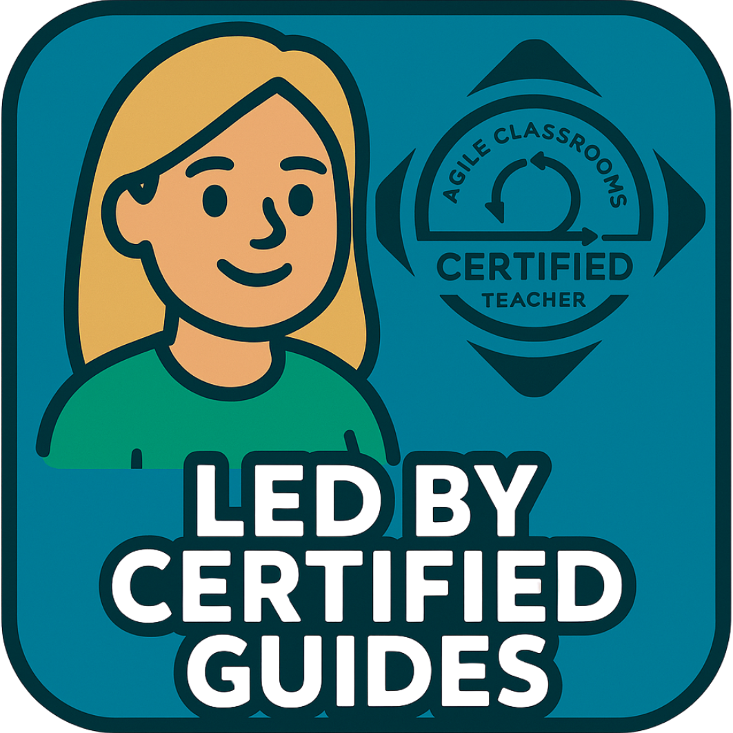 Certified educator icon with checkmark and graduation cap symbolizing expert-led professional learning for Agile teaching