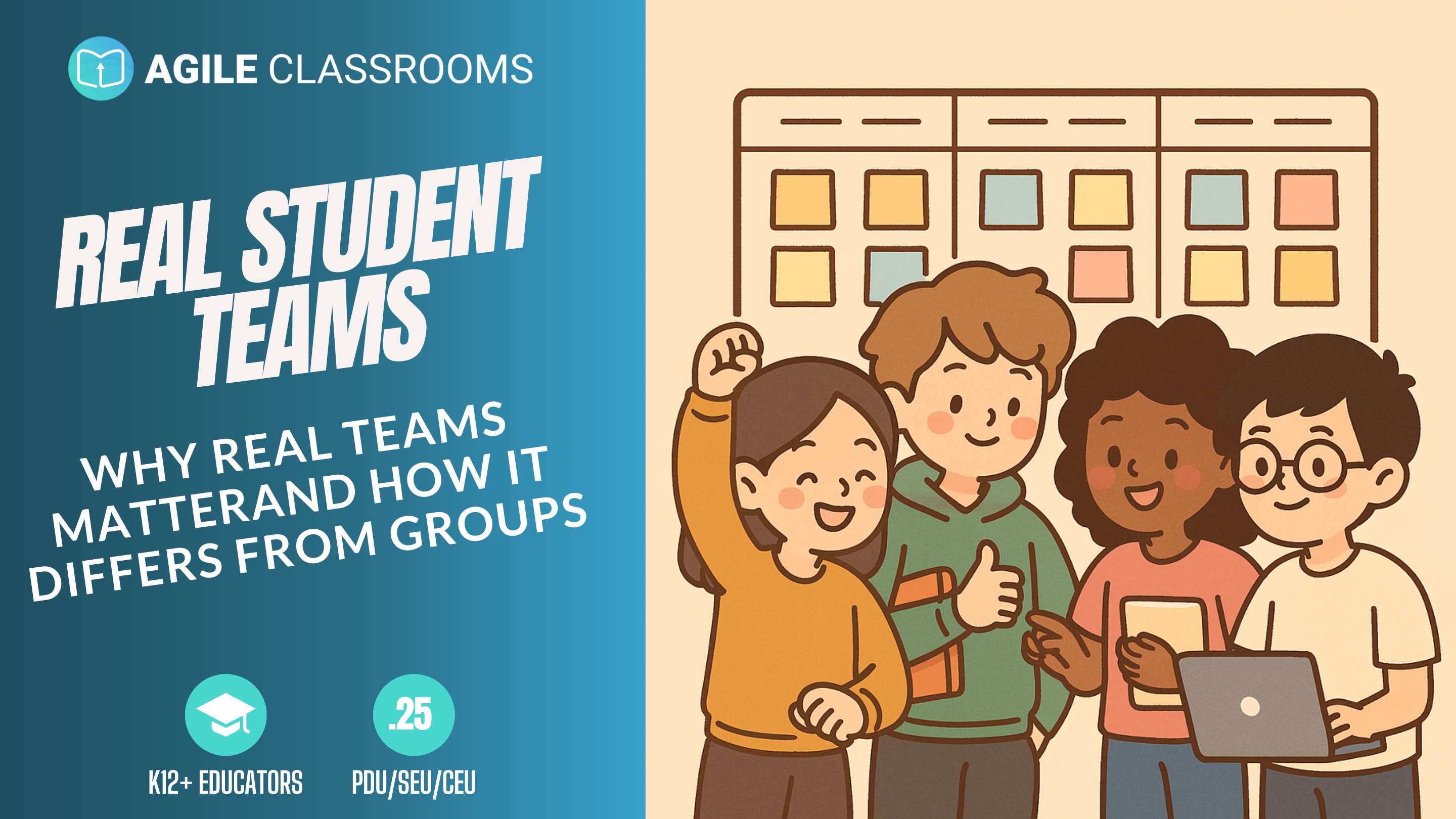 A diverse group of happy students collaborating in front of a Kanban board, illustrating teamwork in an Agile classroom setting.