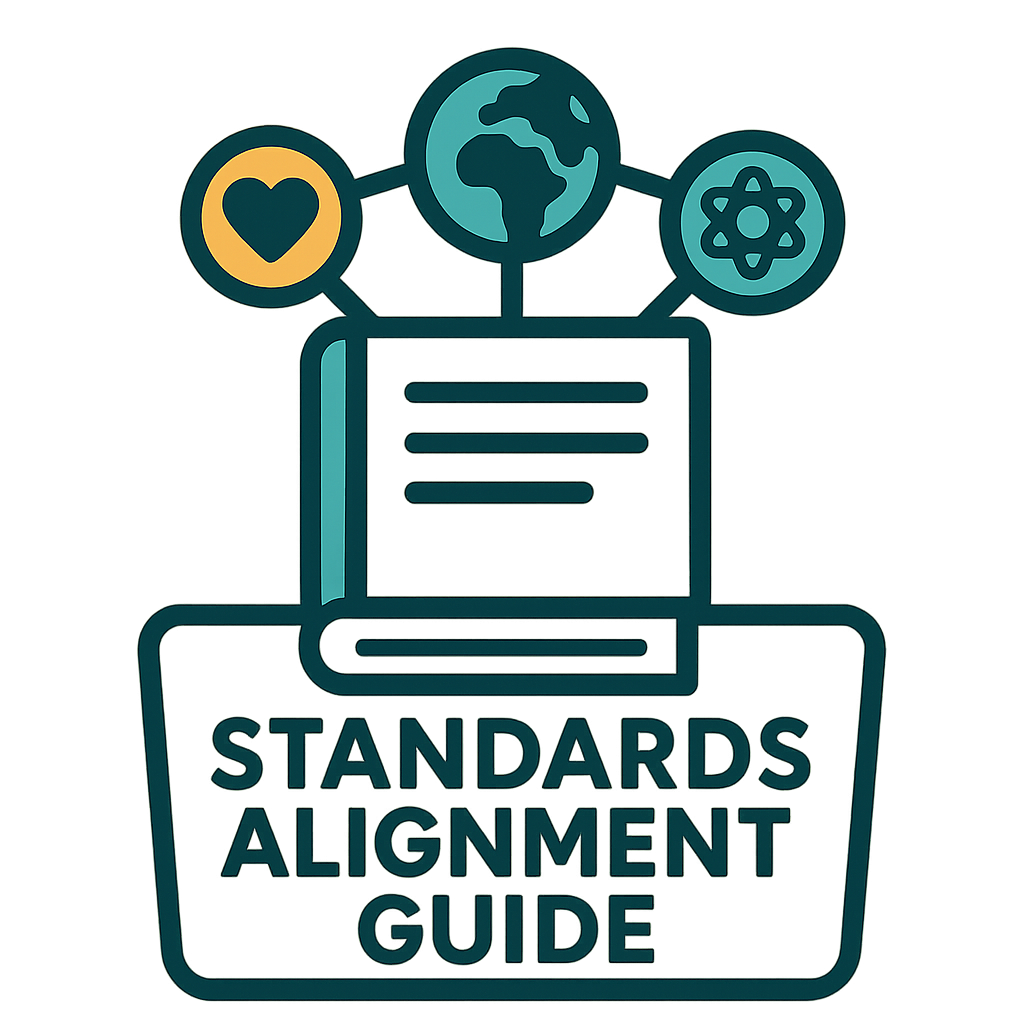 Document and globe icon representing alignment with CASEL, ISTE, IB, and P21 standards for SEL, STEM, and CTE