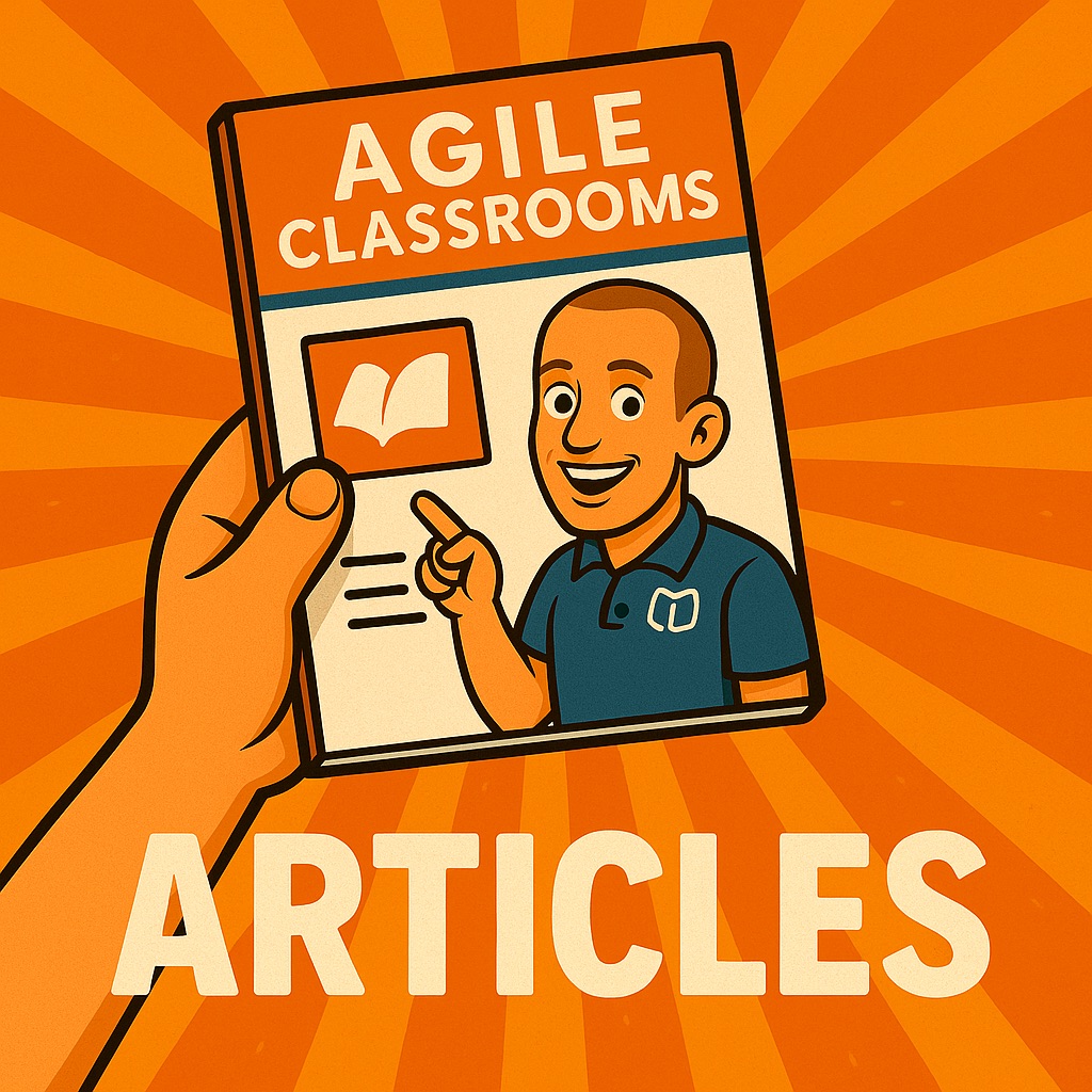 Hand holding up an Agile Classrooms article featuring an educator on the cover, promoting teacher stories, tips, and classroom practices