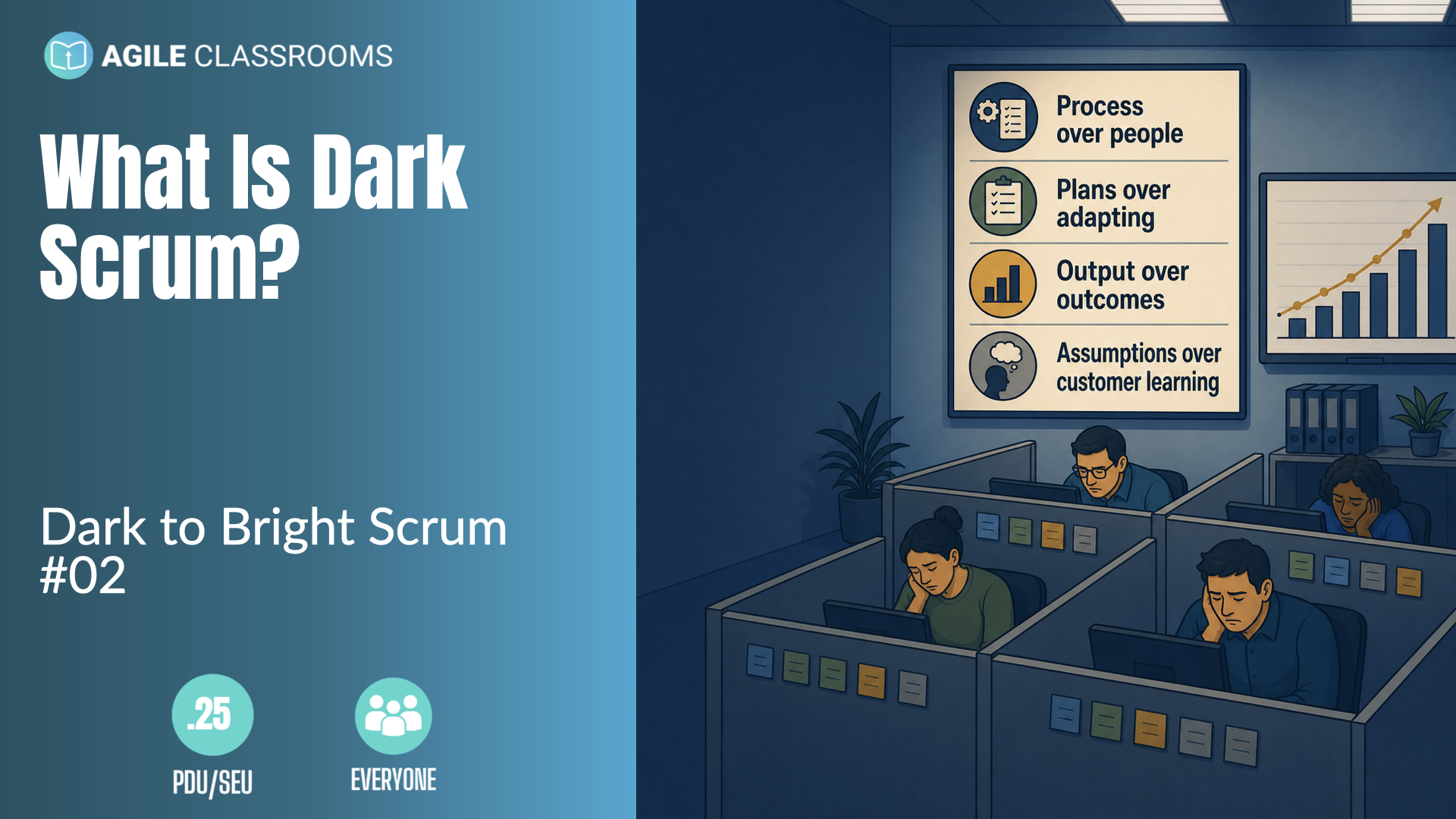 Illustration of a Dark Scrum office with an inverted Agile values poster, tired team members in cubicles, and a rising velocity chart representing output pressure.