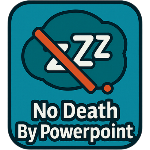 Sleepy face with a crossed-out PowerPoint icon representing interactive, hands-on learning without lectures