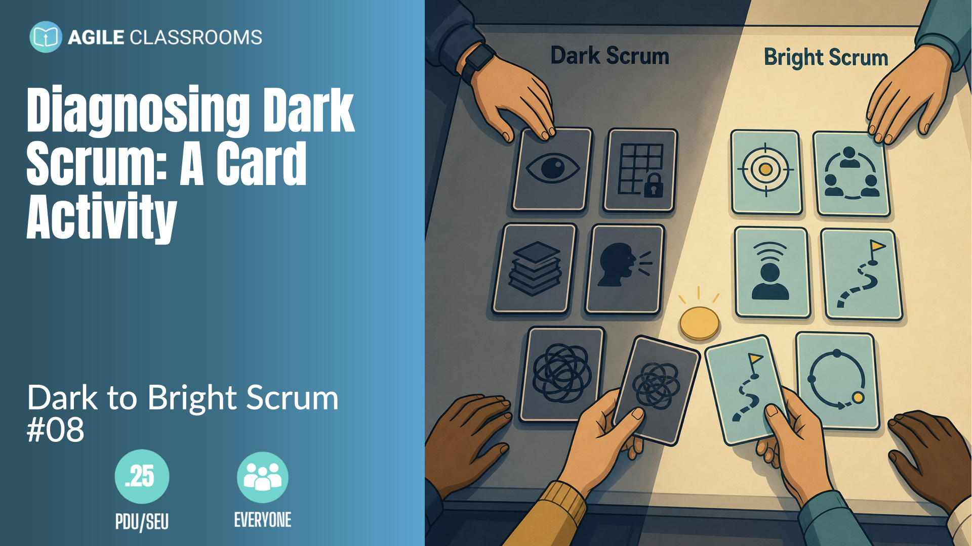 A tabletop of Dark Scrum and Bright Scrum diagnostic cards used to discuss Scrum patterns without blame.