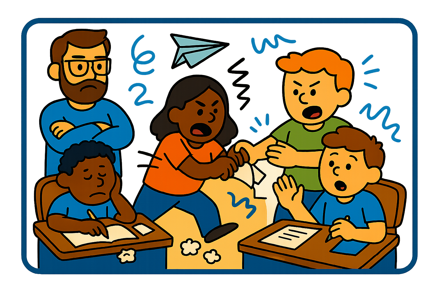 Overwhelmed teacher and students in a traditional classroom lacking structure and collaboration