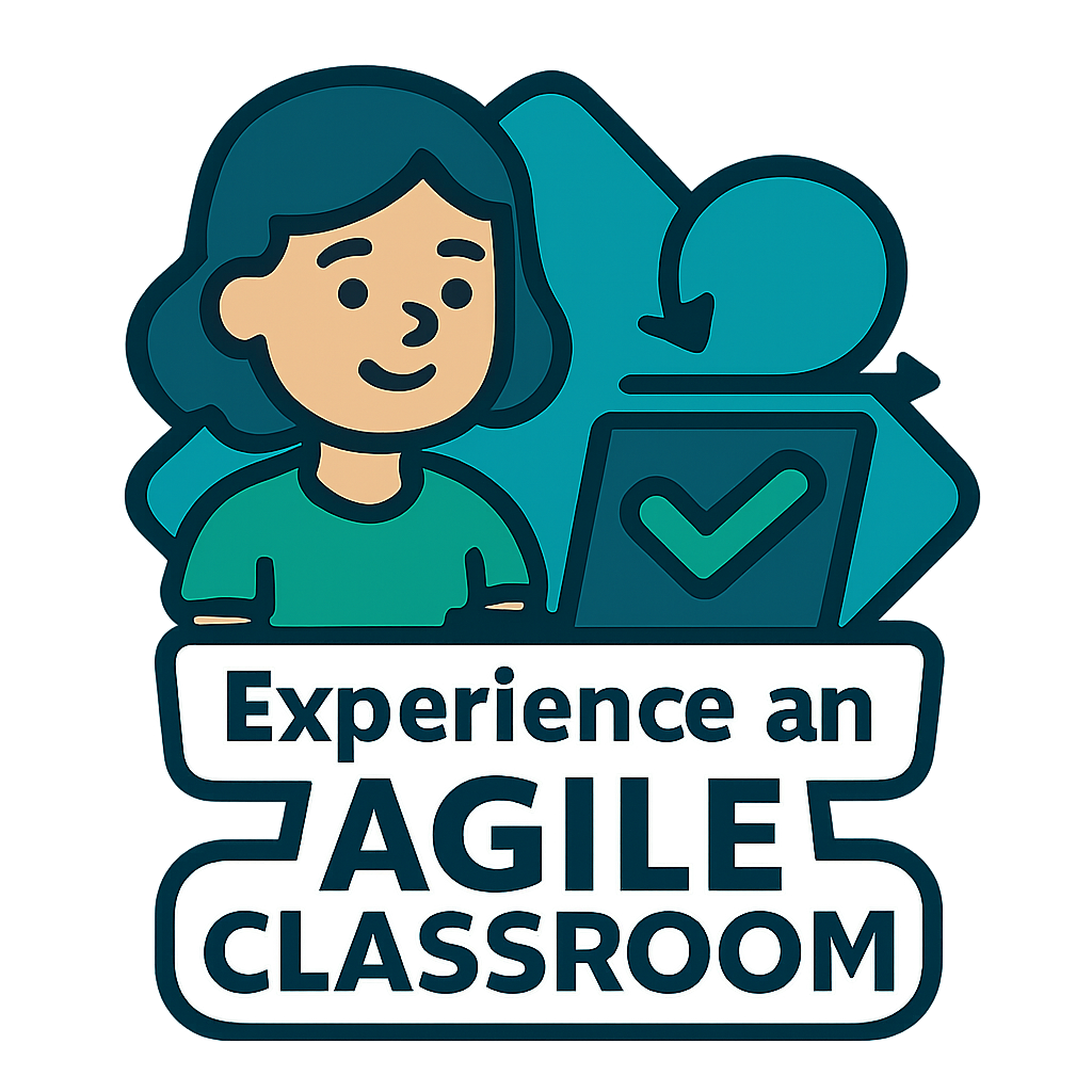 Teacher guiding students with checkmark icons symbolizing hands-on experience using Agile routines in the classroom