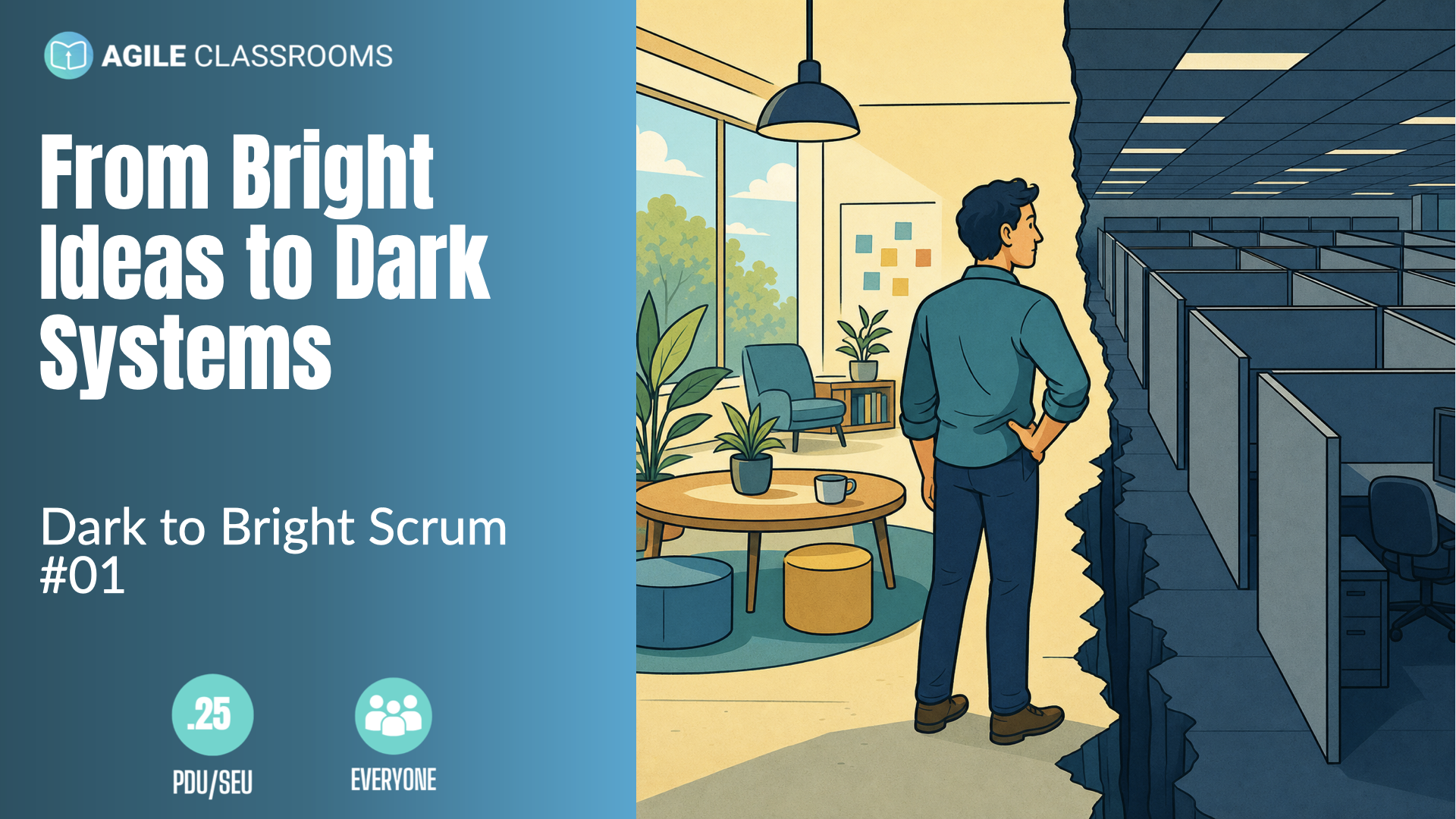 Illustration showing a transition from bright collaborative workspace to dark cubicle system for the Dark to Bright Scrum series.