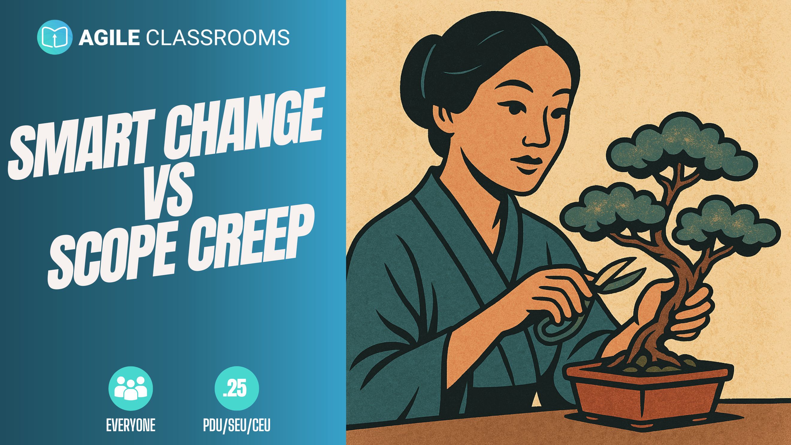 Vintage-style illustration of a Japanese woman gently pruning a bonsai tree, symbolizing smart, intentional change versus uncontrolled scope creep in project management.