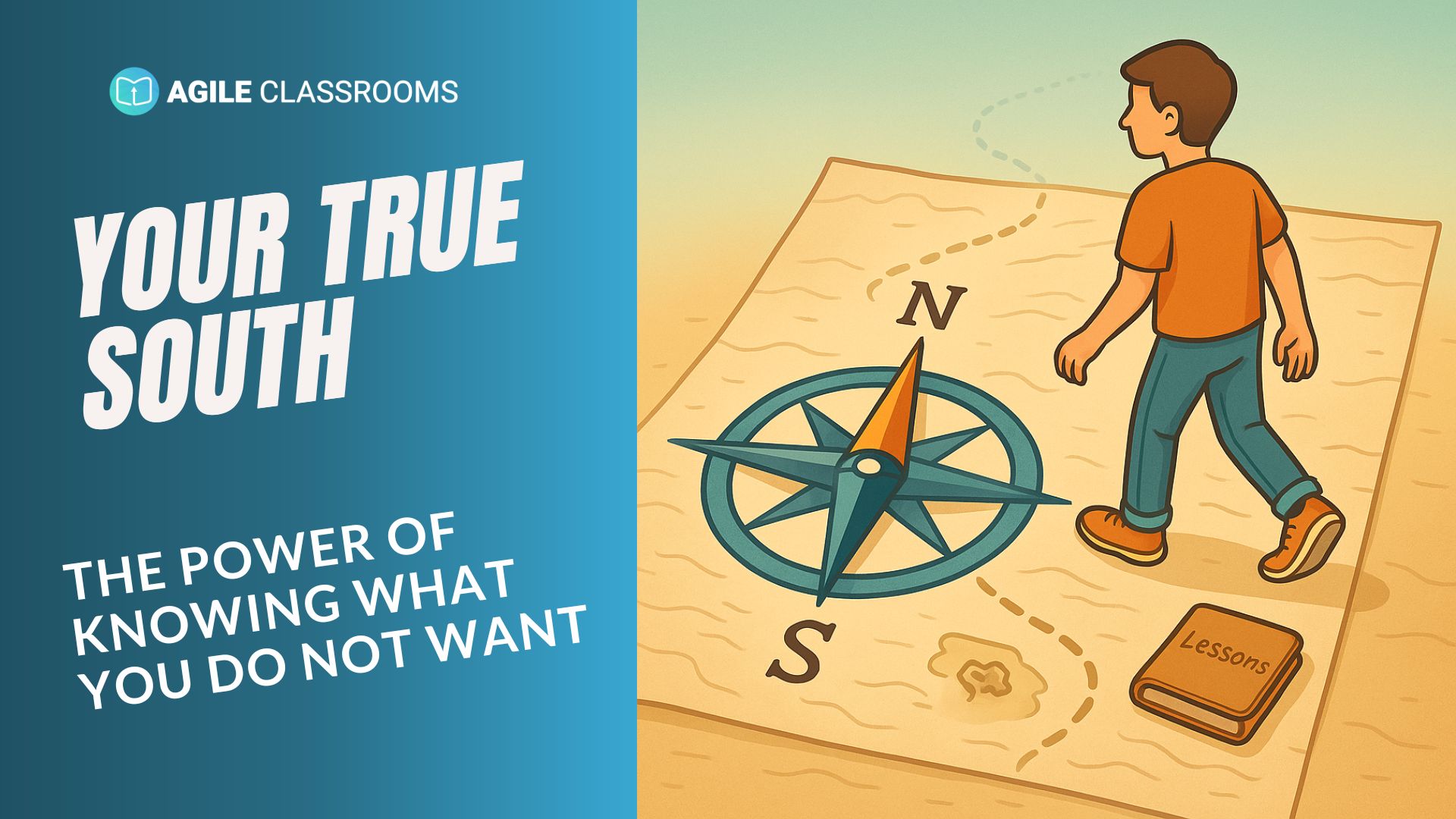 A young man walks northward across a giant map, stepping past a large compass rose marked with “S” and “N,” leaving behind a small book labeled “Lessons.” The text reads: “Your True South – The power of knowing what you do not want.”