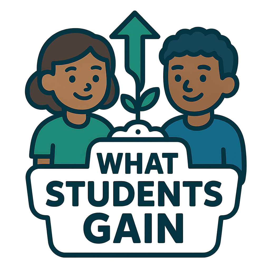Two students smiling with a plant between them above the label "What Students Gain" – symbolizing growth in a student-centered classroom