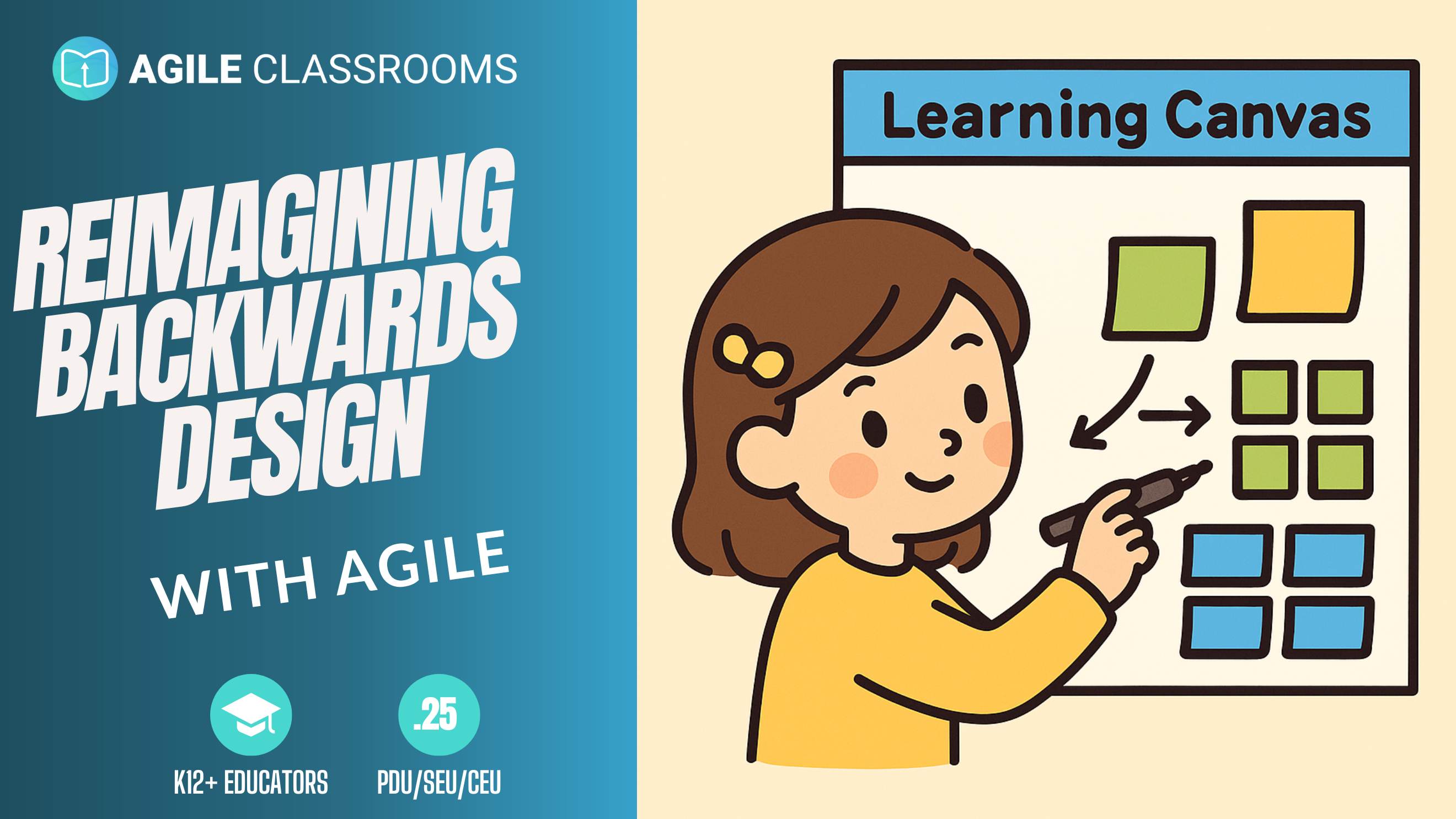 Illustration of a female using a Learning Canvas to plan backwards with Agile, representing Backwards Design in an Agile Classroom setting